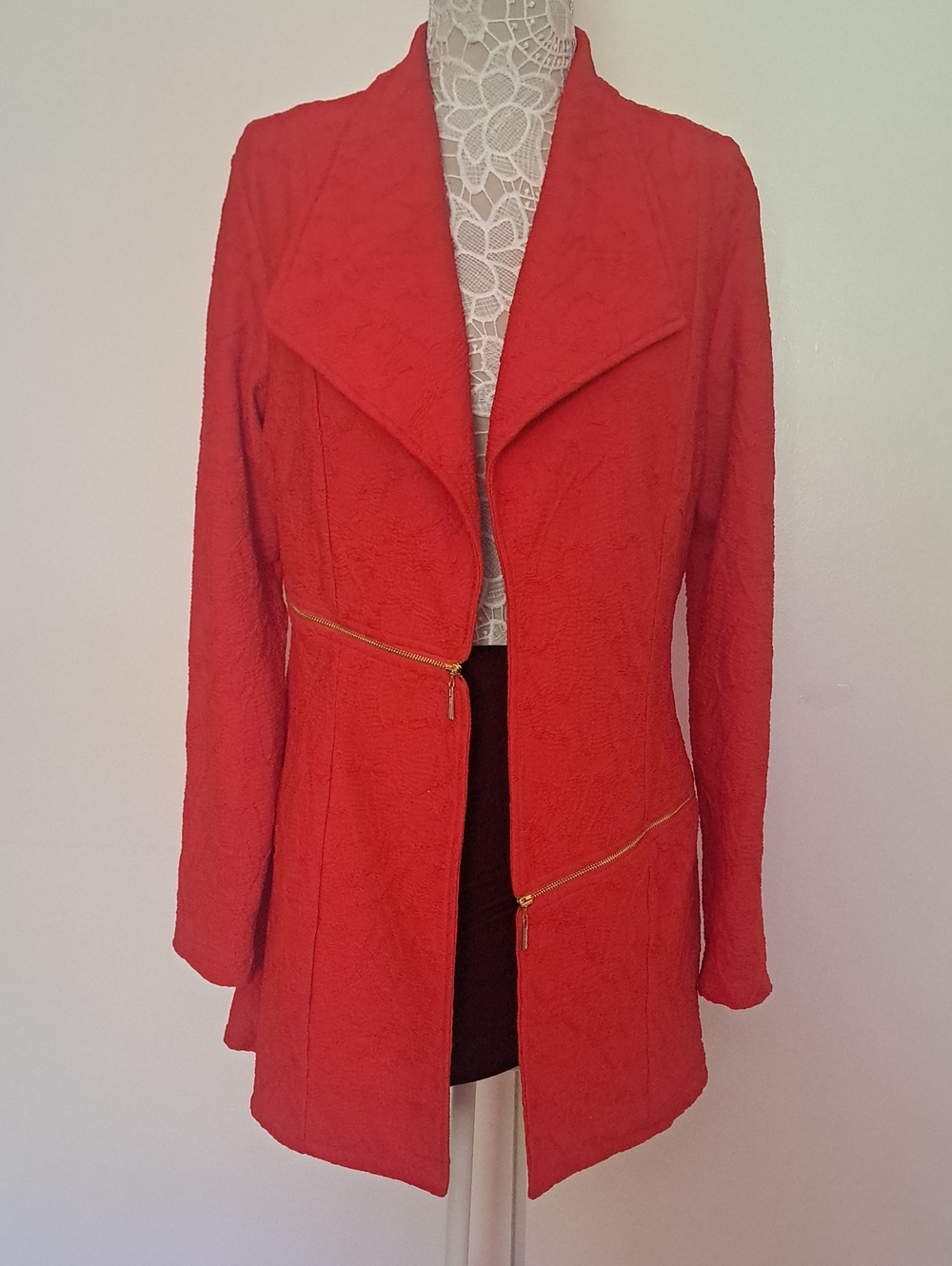 Frank Lyman Design Red Textured Long Jacket with Diagonal Gold Zips